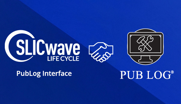 a split blue background with SLICwave LC PubLog Interface on the left, an icon of a handshake in the middle, and the icon and name for the PUB LOG database on the right.
