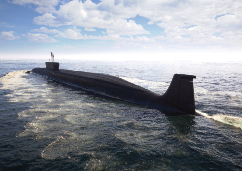 a submarine slicing through the top of the ocean